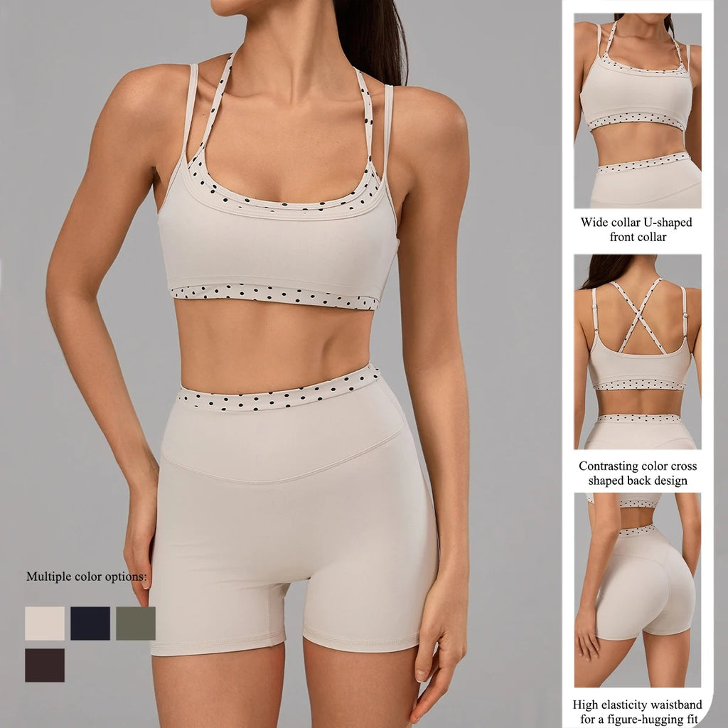 Hearuisavy Women's 2-Piece Polka Dot Activewear Set – Cross-Back Top and High-Waisted Shorts