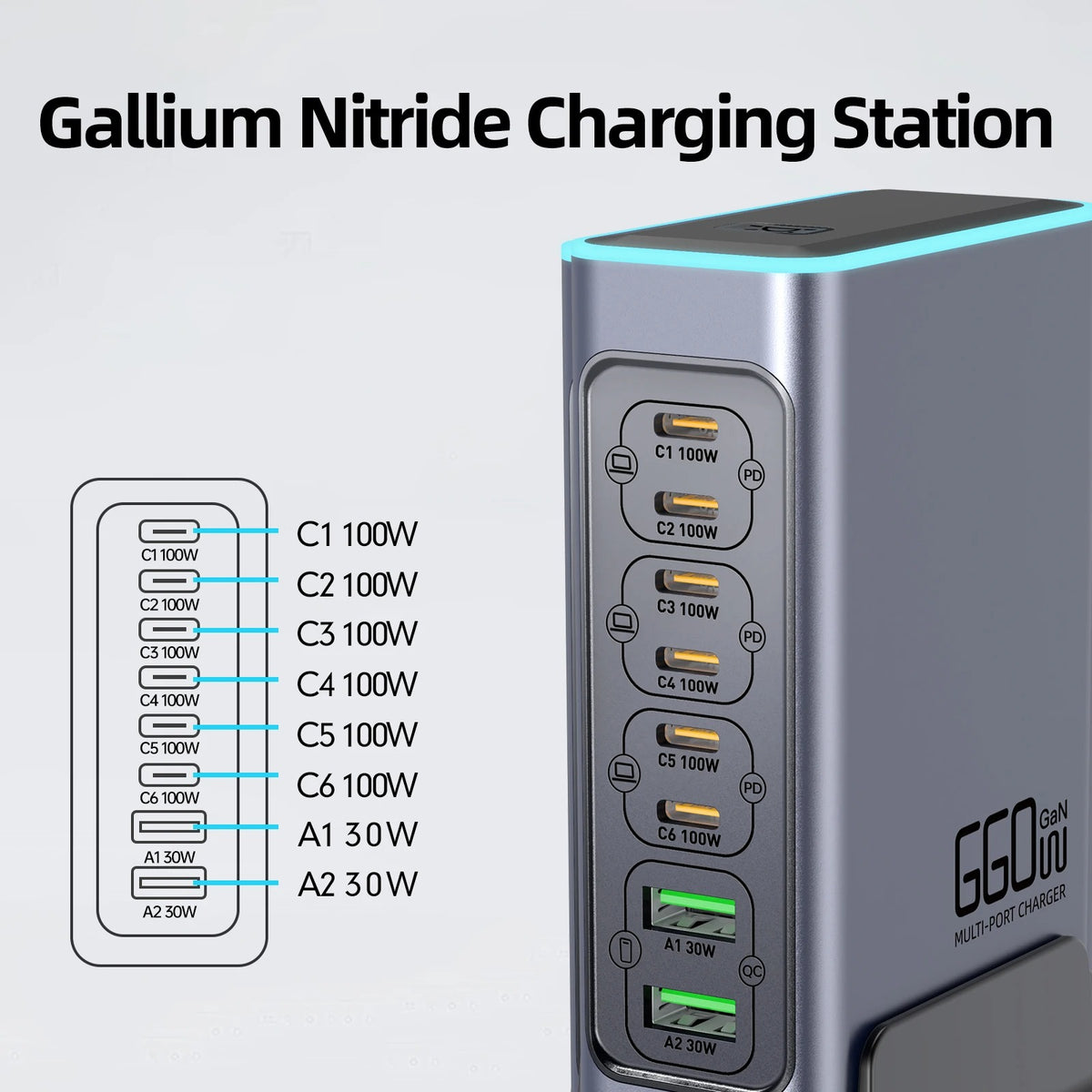 660W GaN USB-C Desktop Charger – 8-Port Multi-Device Fast Charging Station