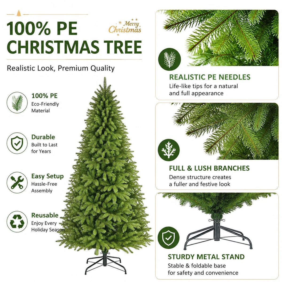 Artificial Christmas Tree – Full Green PE Pine Tree for Indoor Holiday and New Year Decorations