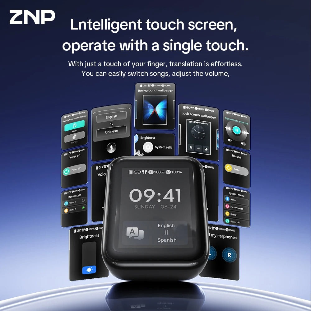 ZNP N07 AI Translator Earbuds – Bluetooth Wireless Headphones with Touchscreen, 165 Languages and 60-Hour Battery Life