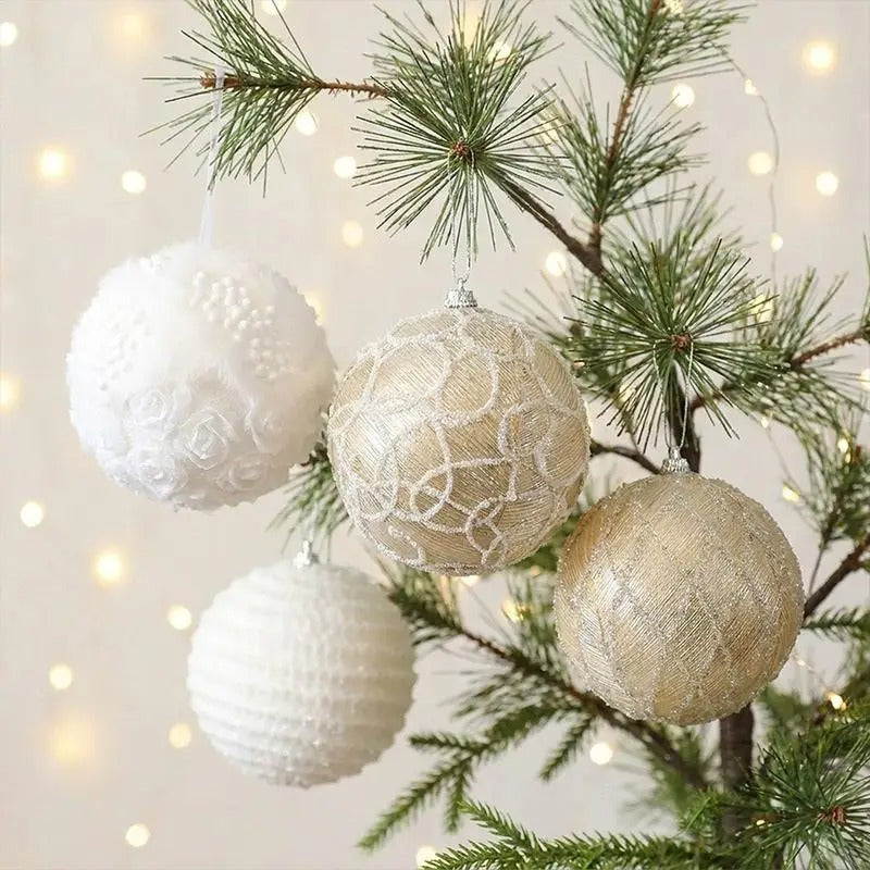 10cm White and Gold Christmas Ball Ornaments – Plush Mesh Hanging Tree Decorations
