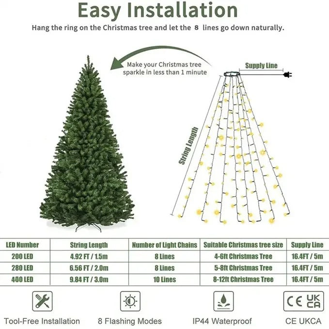 LED Christmas Tree Topper Lights – 1.5M, 2M, or 3M Decorative String Lights for Indoor and Outdoor Use