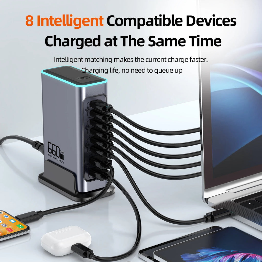 660W GaN USB-C Desktop Charger – 8-Port Multi-Device Fast Charging Station