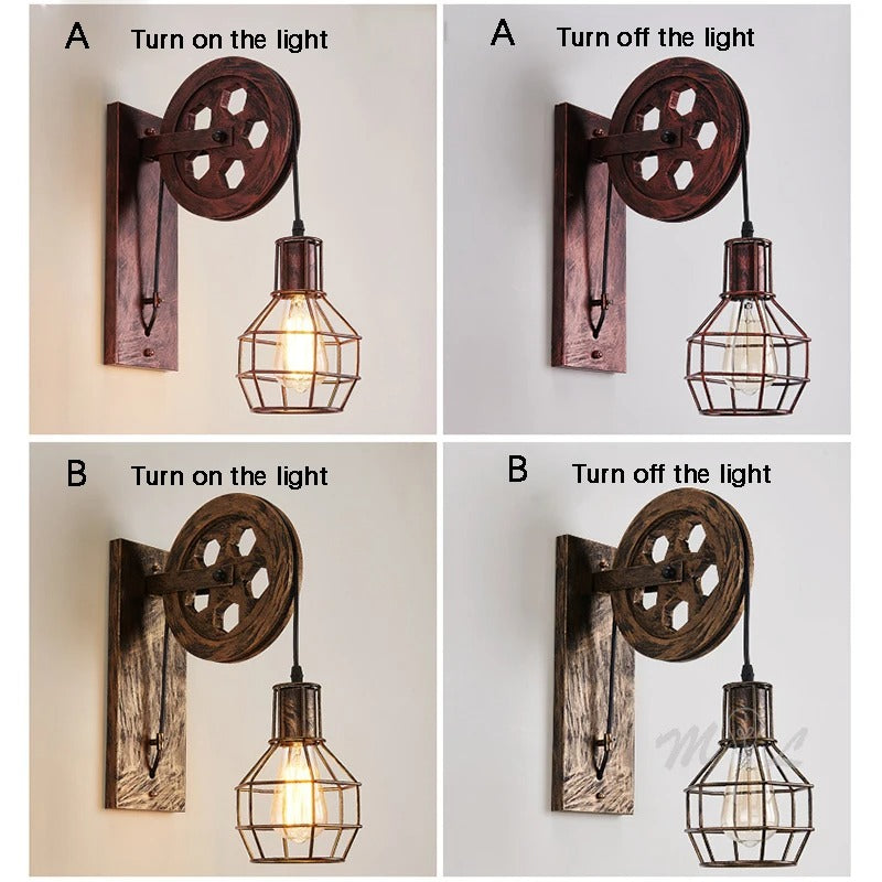 Vintage Industrial LED Wall Sconce – Retro Pulley-Style Wall Light Fixture for Bedroom and Living Room