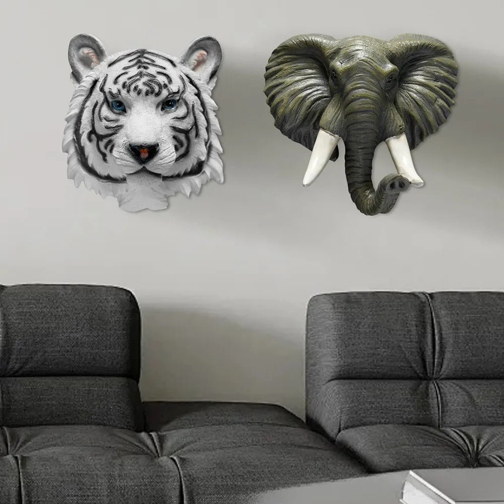 Resin Animal Head Wall Decor – Tiger, Bear and Elephant Sculpture
