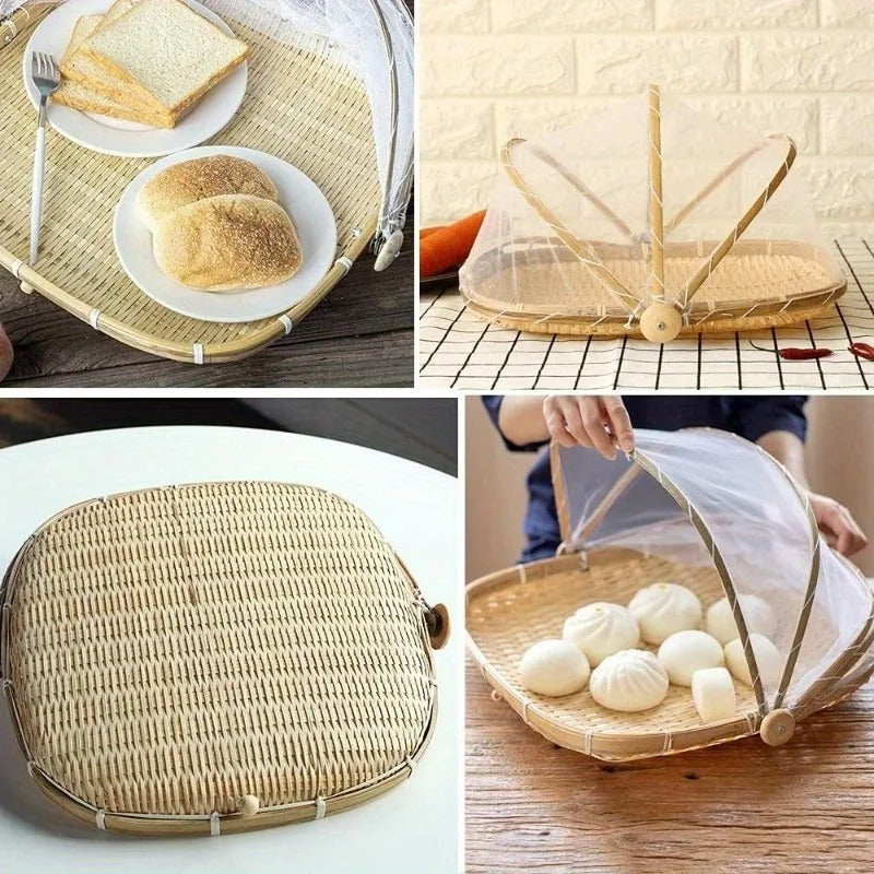 Round Bamboo Serving Basket with Mesh Food Cover – Picnic and Outdoor Use