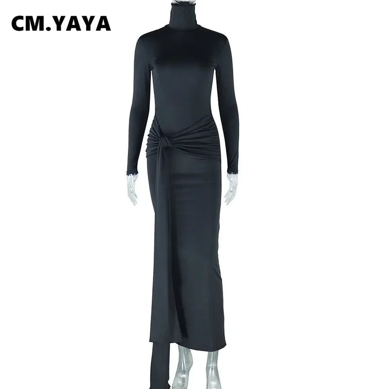 CM.YAYA Women's Long Sleeve Turtleneck Maxi Dress – Ribbon Detail, Ruched Design, Full-Length Fit