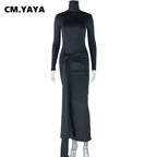 CM.YAYA Women's Long Sleeve Turtleneck Maxi Dress – Ribbon Detail, Ruched Design, Full-Length Fit