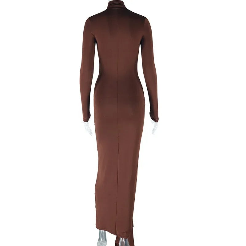 CM.YAYA Women's Long Sleeve Turtleneck Maxi Dress – Ribbon Detail, Ruched Design, Full-Length Fit