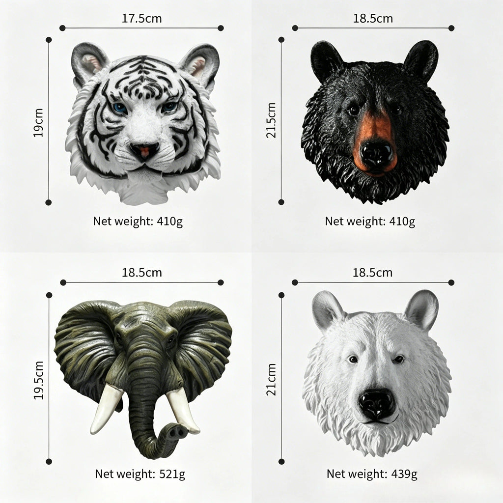 Resin Animal Head Wall Decor – Tiger, Bear and Elephant Sculpture