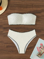 Women's Two-Piece Strapless Swimsuit – White Bandeau Bikini Set with Lace-Up Back