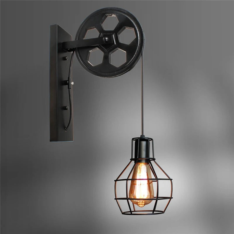 Vintage Industrial LED Wall Sconce – Retro Pulley-Style Wall Light Fixture for Bedroom and Living Room