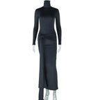 CM.YAYA Women's Long Sleeve Turtleneck Maxi Dress – Ribbon Detail, Ruched Design, Full-Length Fit