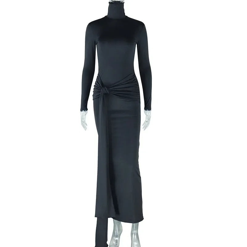 CM.YAYA Women's Long Sleeve Turtleneck Maxi Dress – Ribbon Detail, Ruched Design, Full-Length Fit