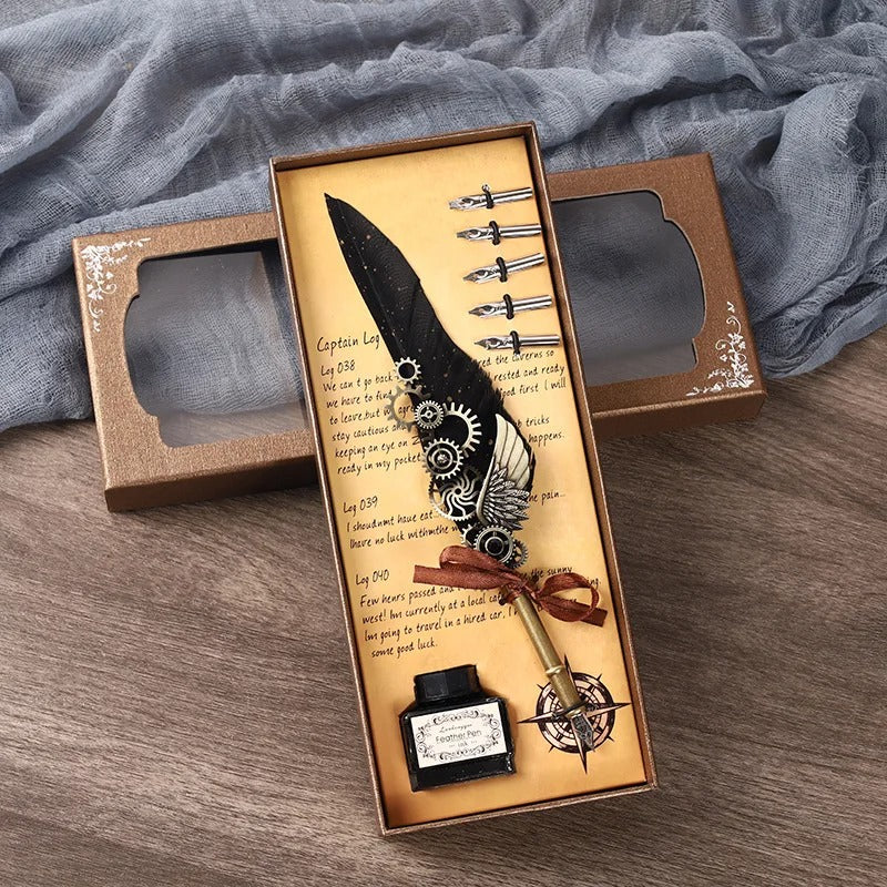 5-Color Feather Dip Pen Set with 5 Replaceable Nibs – Decorative Calligraphy and Signature Writing Pen