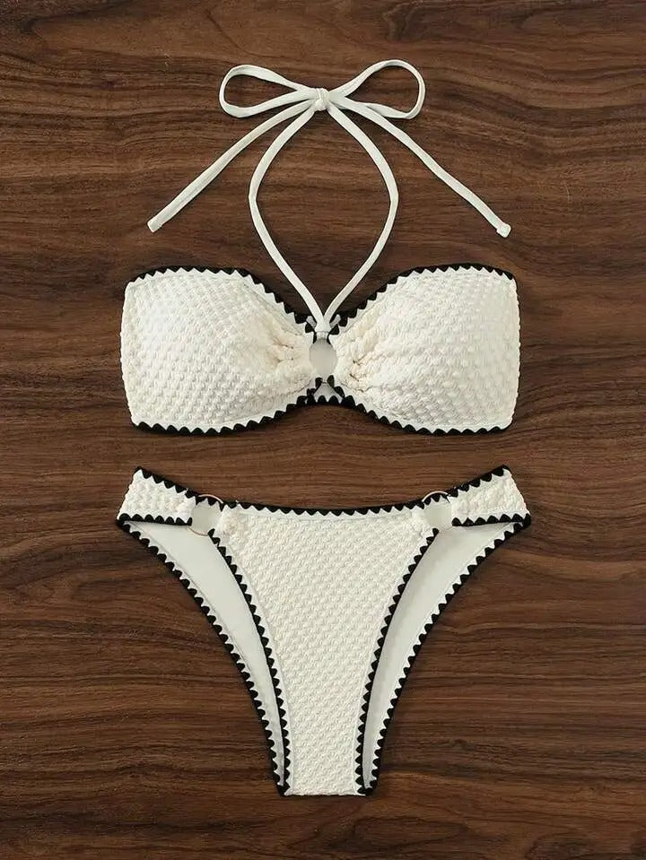 Women's Two-Piece Strapless Swimsuit – White Bandeau Bikini Set with Lace-Up Back