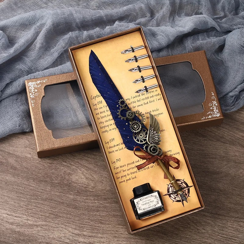 5-Color Feather Dip Pen Set with 5 Replaceable Nibs – Decorative Calligraphy and Signature Writing Pen