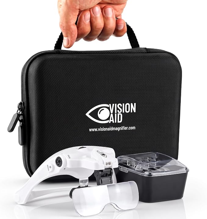 Vision Aid Magnifying Glasses with LED Light, 5 Lenses, Headband, Storage Case | Hands Free Lighted Head Mount Magnifier for Hobby Crafts Macular Degeneration Cross Stitch Diamond Painting Close Work